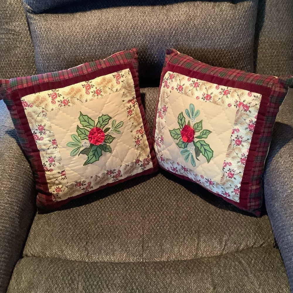 Christmas throw pillows (3) quilted,appliqué, beaded